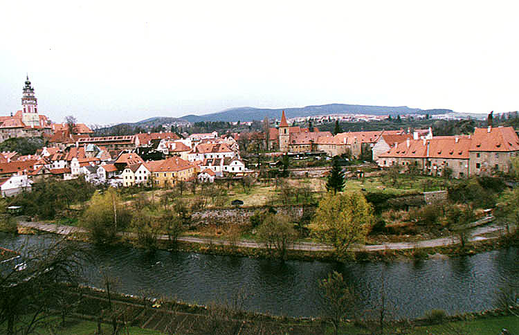 Český Krumlov, Brauereigarten, Ansicht vom Fluss Vltava (Moldau)