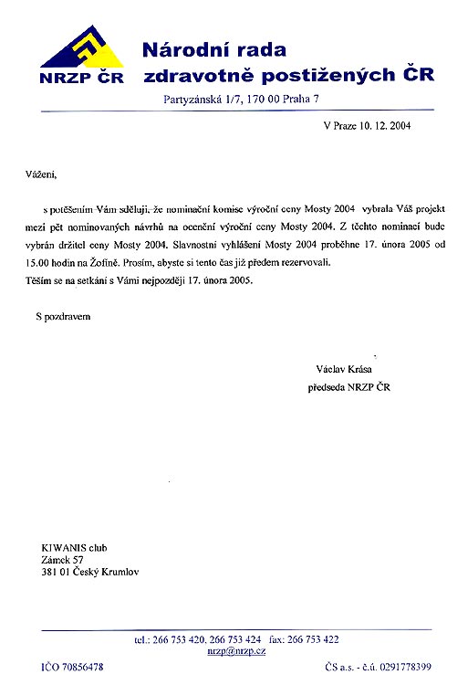 Nominační dopis do soutěže Národní rady zdravotně postižených ČR Mosty 2004