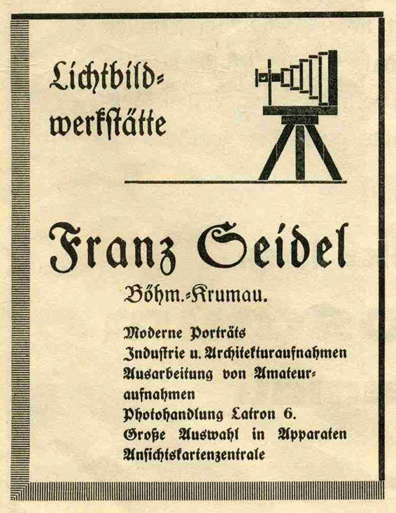 Reklama Fotoatelieru Seidel v dobovém tisku, historický dokument, zdroj: archiv ČKRF spol. s r.o.
