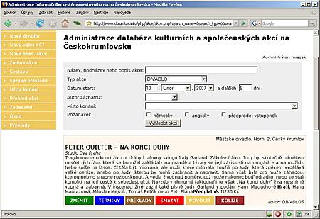 Administrační rozhraní databáze akcí OIS Český Krumlov 