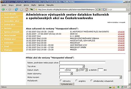 Administrační rozhraní sestav z databáze akcí OIS Český Krumlov 