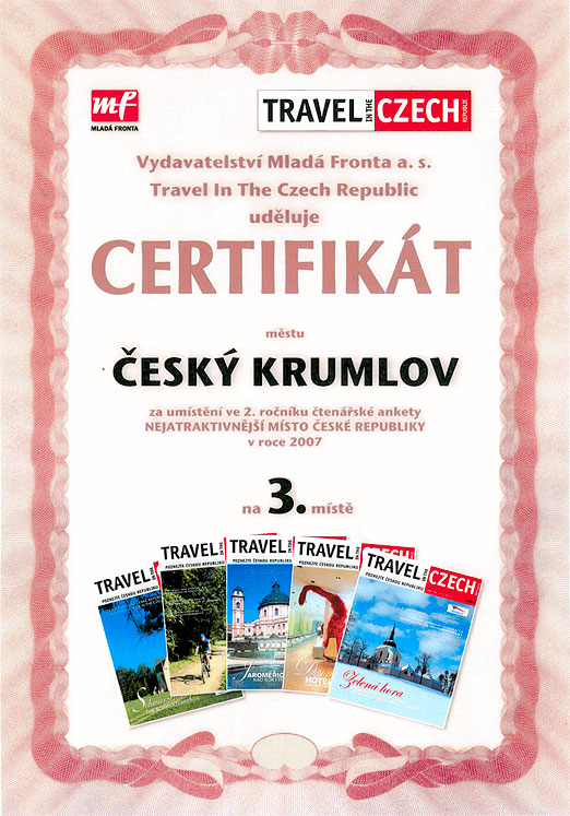 Die Leser der Zeitschrift Travel in the Czech Republic erklärten Český Krumlov zum drittattraktivsten Ort in der Tschechischen Republik