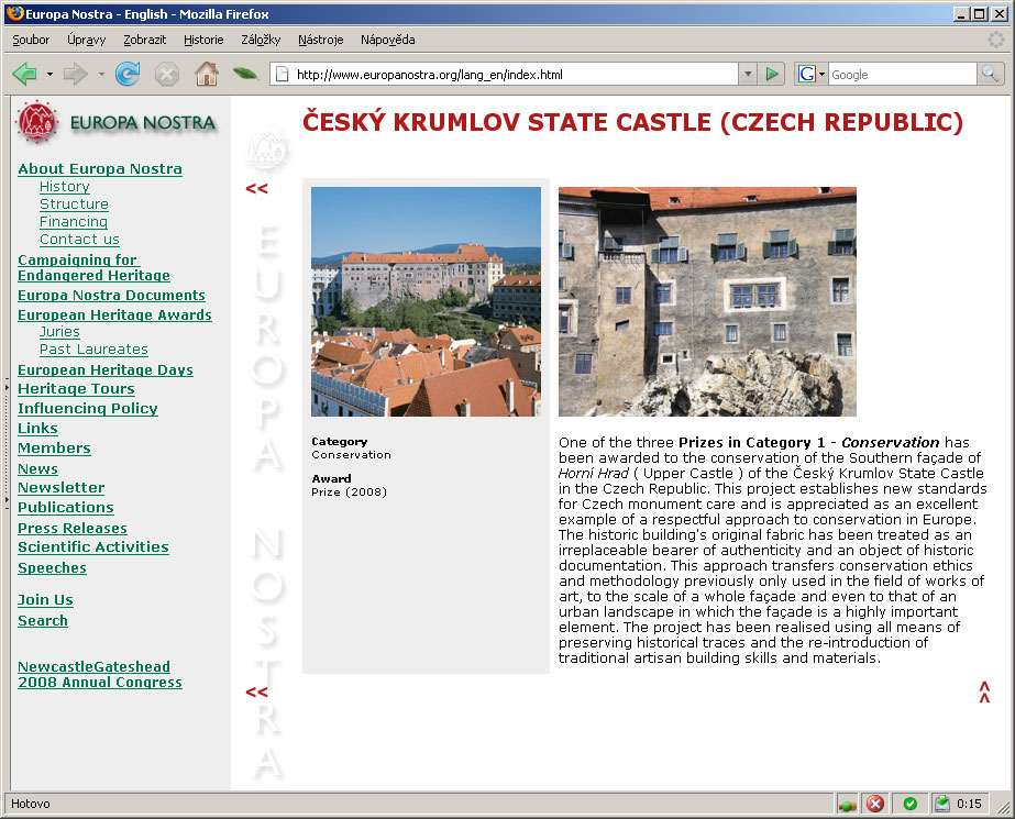 Das Schloss Český Krumlov erhielt zum zweiten Mal den Preis Europa Nostra, Bildsquelle: www.europanostra.org