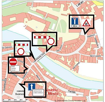 Mapa dopravního omezení - Rekonstrukce Lazebnického mostu (24.3.-17.5.2009)