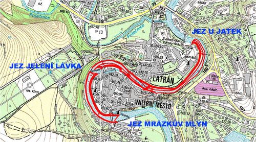 Mapa - rozsah protipovodňových opatření 1. až 3. etapy v Českém Krumlově, 2009