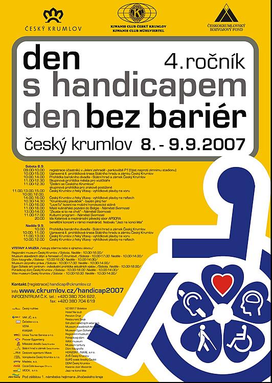 Plakát s programem akce Den s handicapem, den bez bariér, Český Krumlov, 8. a 9. 9.2007