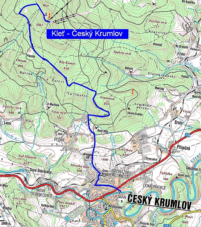 Mapa - Trasa 1: Kleť - Český Krumlov