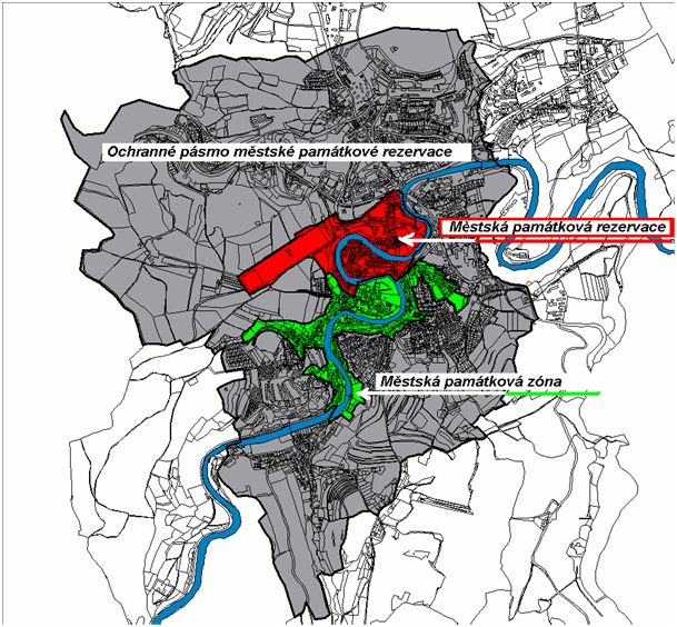 Mapa památková rezervace, památková zóna, ochranné pásmo