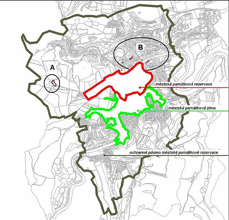 Mapa situování kulturních památek v městské památkové zóně