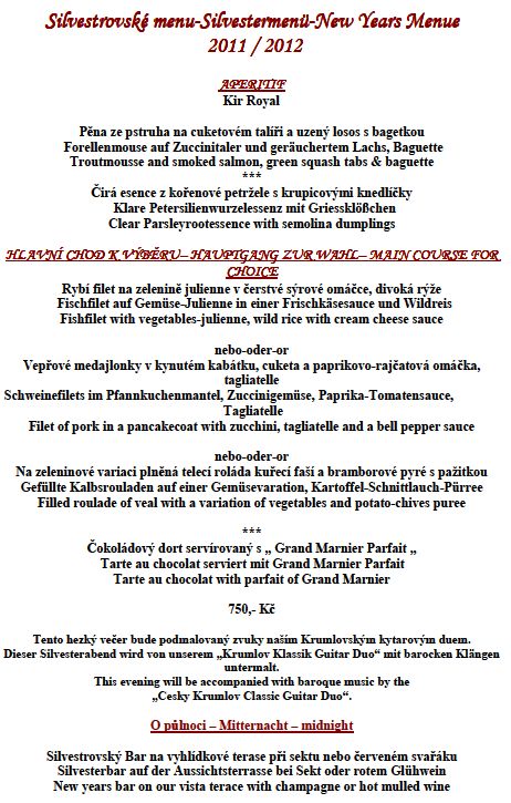 Silvestrovské menu hotelu Konvice