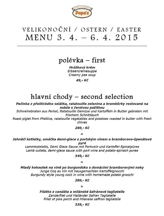 Velikonoční menu, Restaurace Papa´s, Český Krumlov, 2015